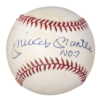Mickey Mantle Signed & "No.7" Inscribed OAL Brown Baseball (PSA/DNA)